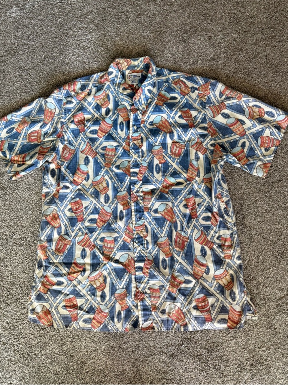 reyn spooner Blue Bongo Drum  Short-Sleeve Camp Shirt with Red and Cream Accents
